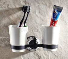 Oil Rubbed Bronze Bathroom Toothbrush Holder with Ceramic Cups Wall Mounted