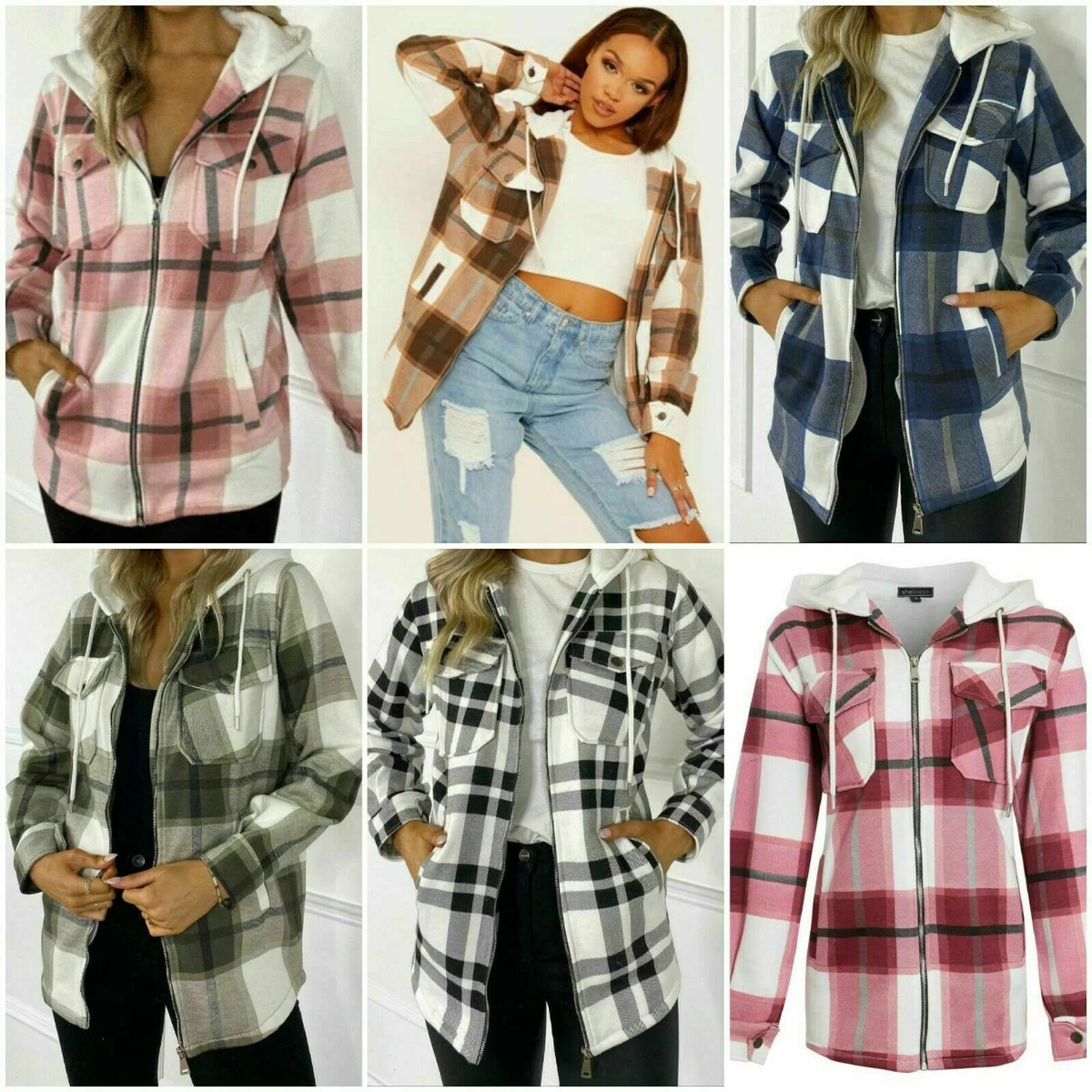 Women Check Fleece Casual Hooded Jacket Long Sleeve Shacket Shirt Oversize Baggy