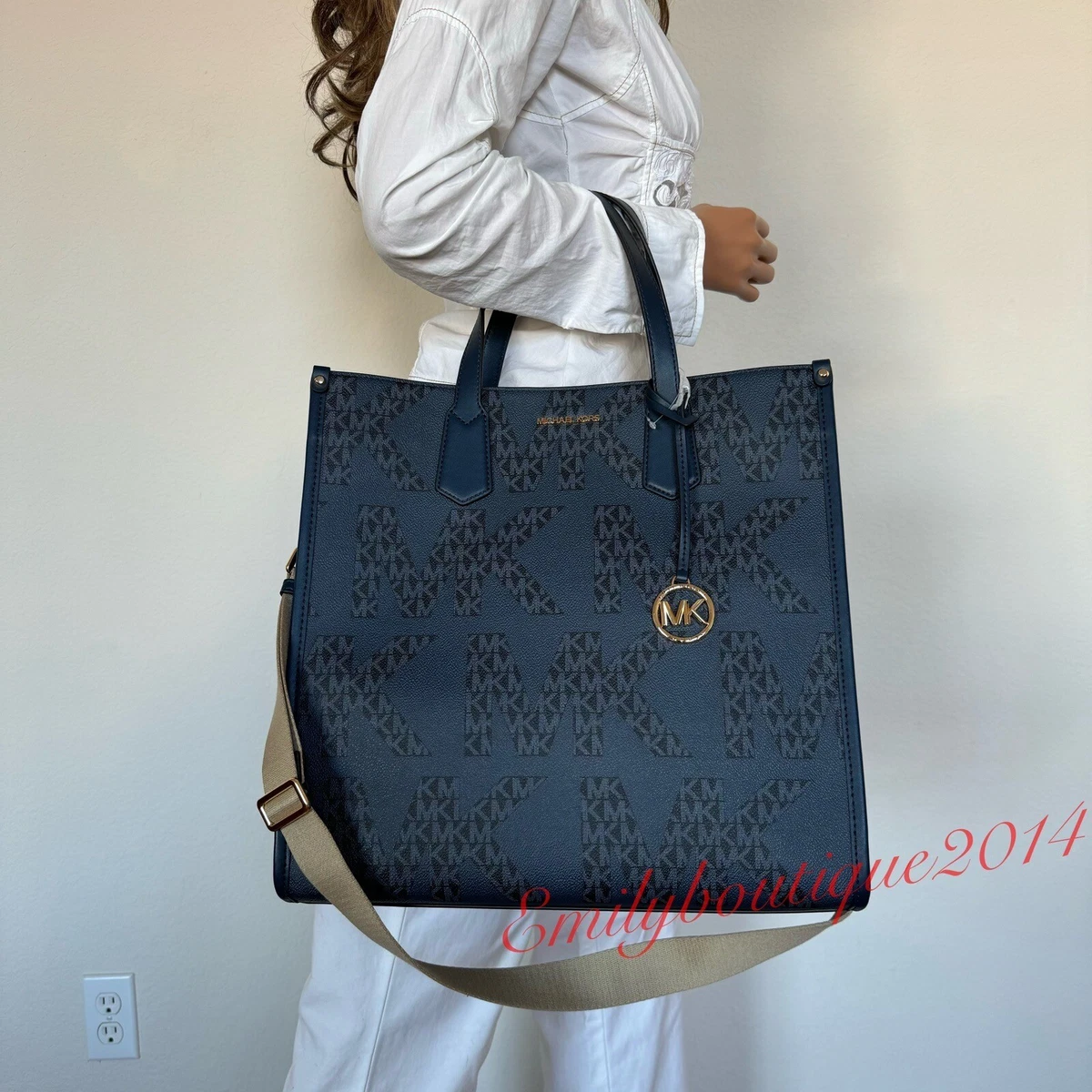 NWT Michael Kors Maple Large NS Tote Blue Navy MK Signature Logo Crossbody  Bag