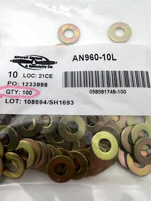 #ad 200 FLAT STEEL WASHERS AN960 10L SA NAS1149F0332P SET OF 2 X 100 EACH bag $24.95