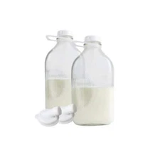 2 Pack Heavy Glass Milk Bottles 2 Quart (64 Oz) Jugs; Extra Lids & Pour Spouts!