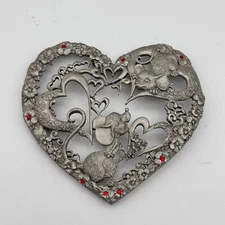 Rawcliffe Pewter Heart Mice Mouse 1989 Floral Cutout Red Rhinestones Vintage