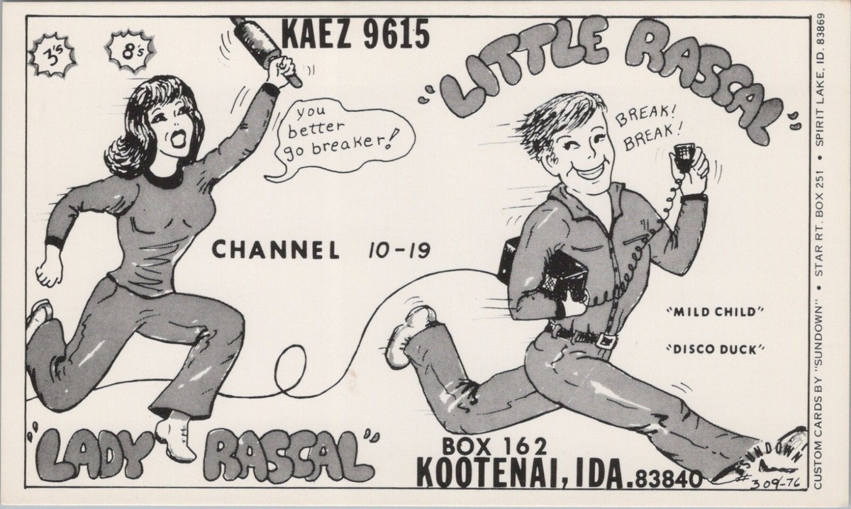 CB radio QSL postcard KAEZ-9615 Sundown comic 1970s Kootenai Idaho