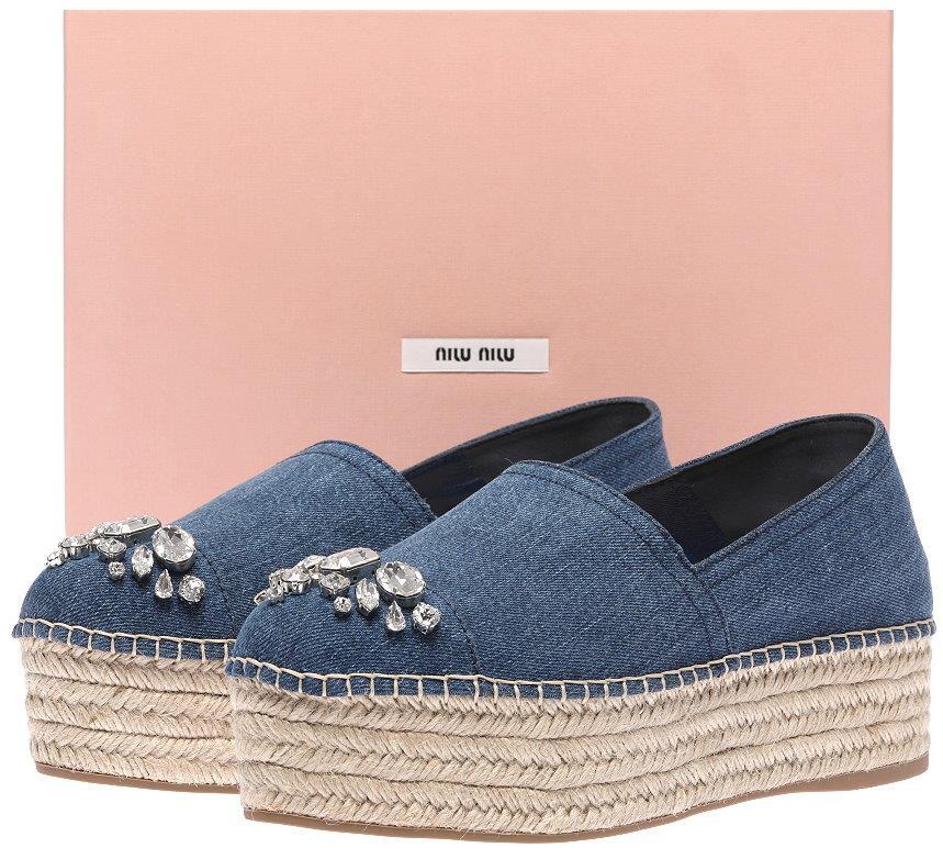 НОВЫЕ ТУФЛИ MIU MIU PRADA DENIM CRYSTALS ЭСПАДРИЛЬИ НА ПЛАТФОРМЕ 40,5/США 10,5