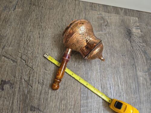 Vtg Brass Turkish Arabic Coffee Tea pot Engraving long handle 5 In Lift Top - Picture 3 of 8