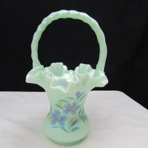 Fenton Sea Green Satin Iridized Floral Hand Painted Basket 1998 W82