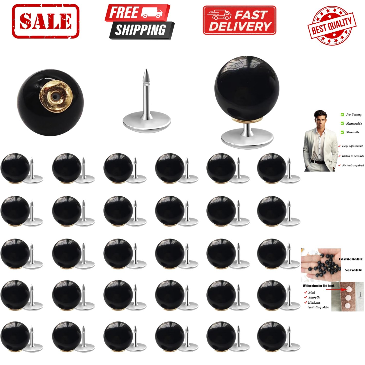 30 Sets 10mm No Sew Black Pearl Buttons Brooch Pins Pearl Rivets No Tools Det...