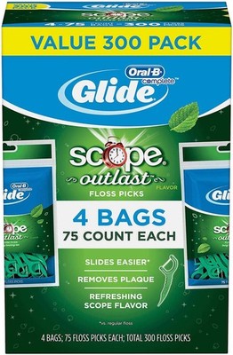 Glide Oral B Floss Picks Plusx 40mm Outlast - Long Lasting Mint, 4 Pack of 75 