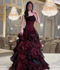 Ruffles Prom Dress Burgundy Black Strapless A-Line Evening Gowns Lace Applique
