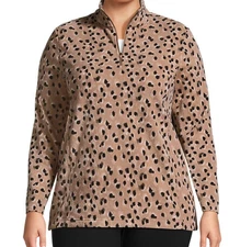 Lands' End Size 3X Brown Animal print Fleece Knit top, 1/4 zip, long sleeves NWT