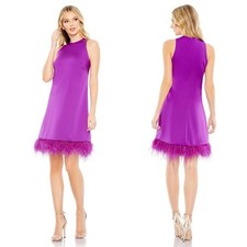 Mac Duggal Feather Trim Crew Neck Sleeveless Trapeze Mini Dress Size 4 Purple
