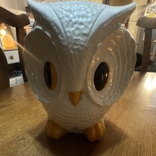 Ceramic Owl Piggy Bank White with Yellow Feet and Beak Animal Theme