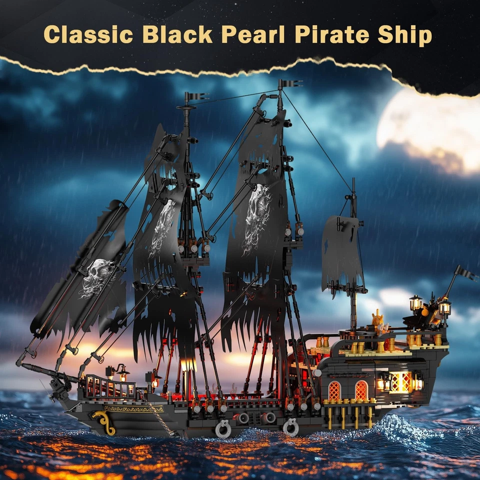 JMBricklayer Pirate Ship Building Toys with Lights, Pearl Pirate Ship Model B... - Image 2 of 4