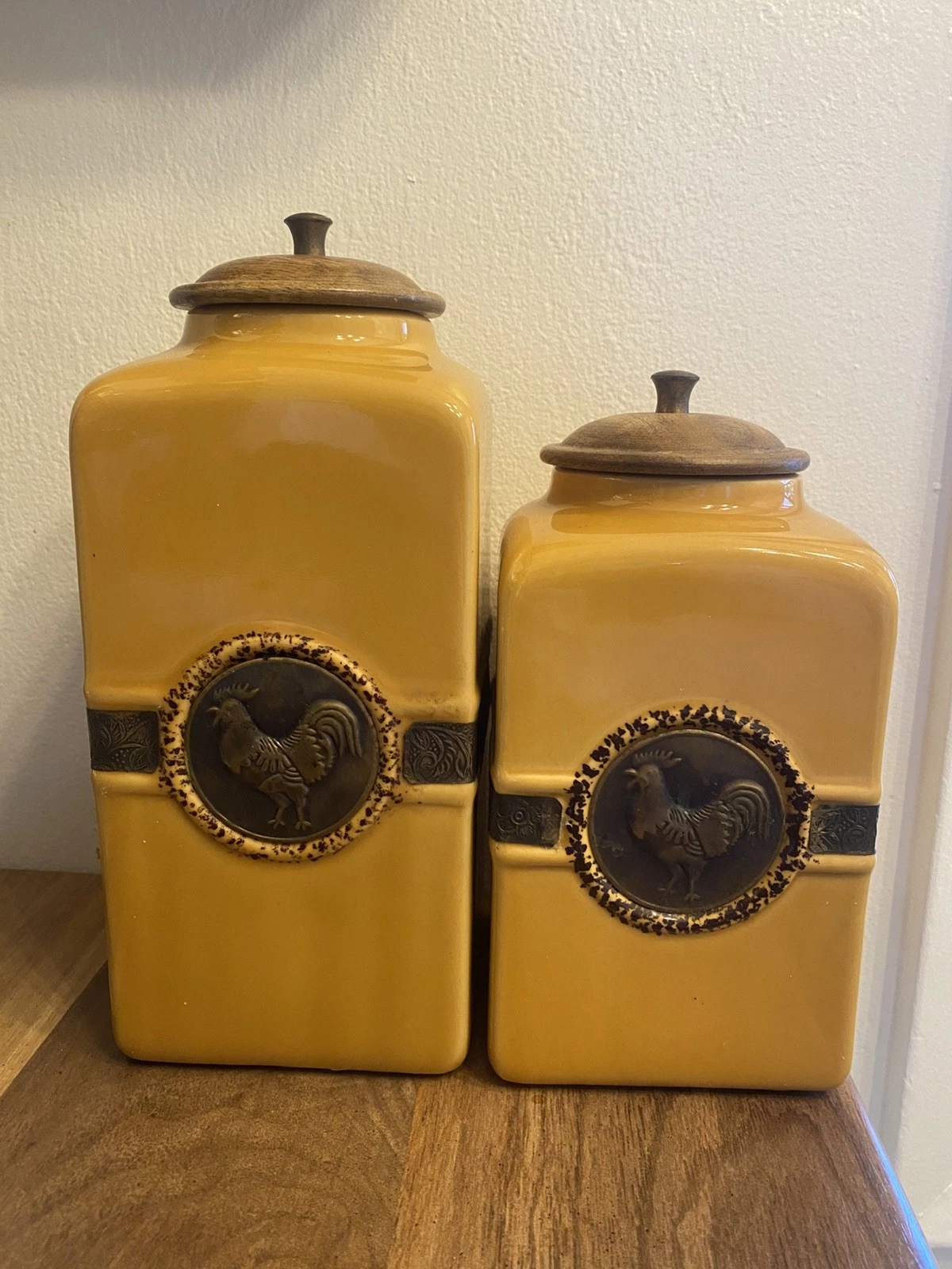 Pier 1 Imports Canister Set Rooster Yellow Country Core Set of 2 Ceramic W/lids