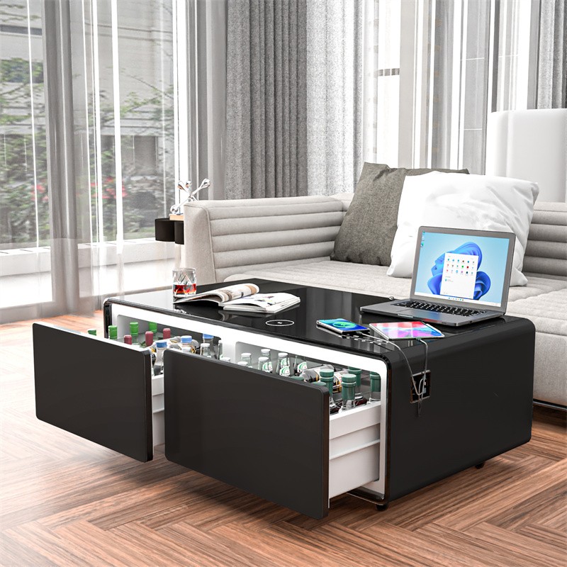 Black Smart Coffee Table with Built-in Fridge,Bluetooth Speakers,Power Socket