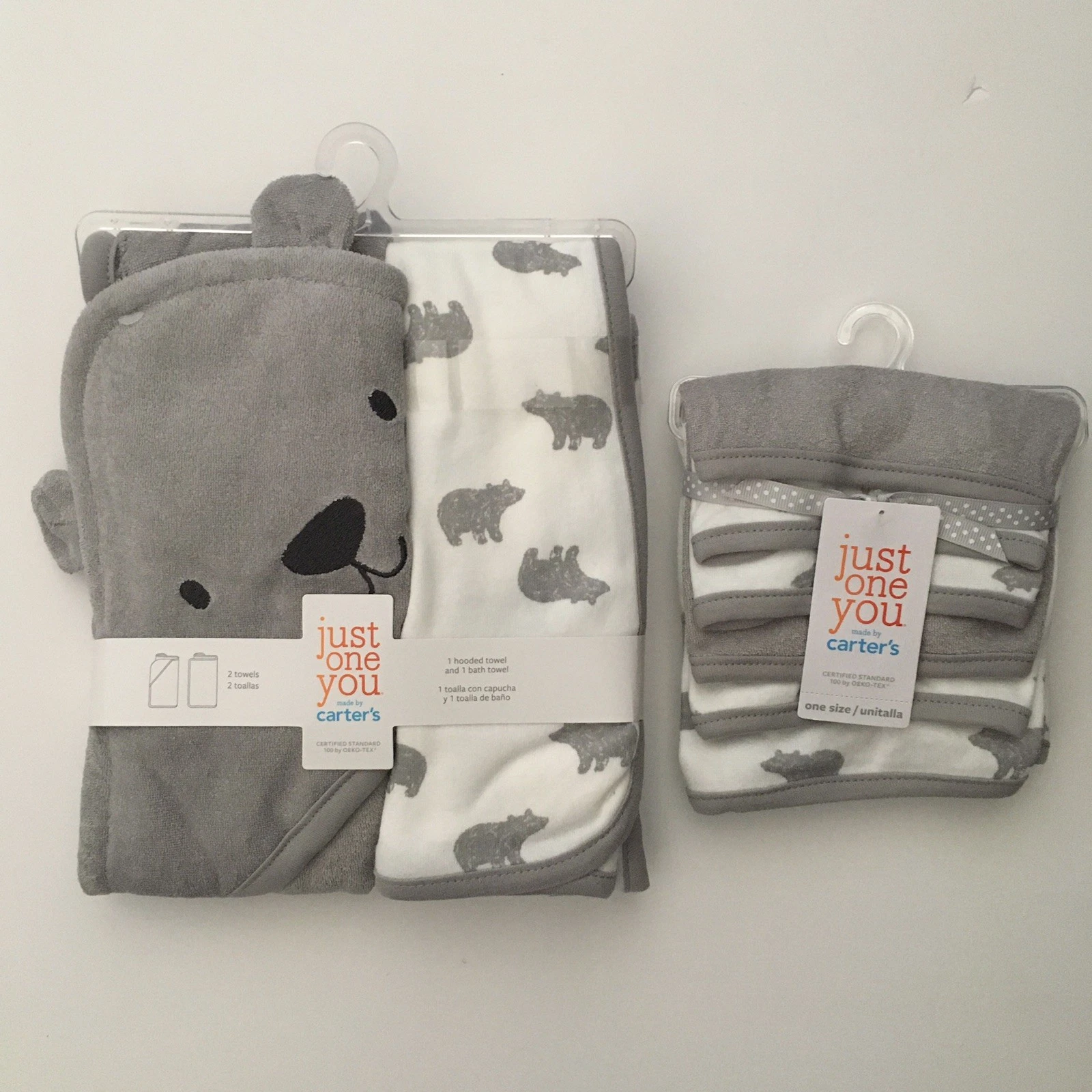 NEW Bath Set Baby Gift 1 Hooded and 1 Bath Towel & 6 Washcloths Gray Bears Print