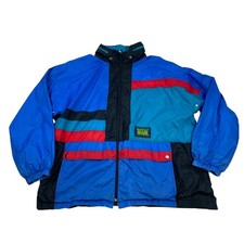 VINTAGE 80s/90s Reggae Jacket L Colourblock Waterproof Hooded Cagoule Kagool