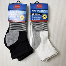 2 Hanes Cool DRI Men's Ankle Socks with Ventilation, 3-Pairs each Black White
