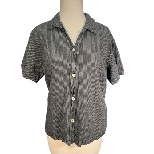 Top manica corta con bottoni cotone caldo 55% lino 45% cotone taglia large grigio nero - Foto 5 di 9