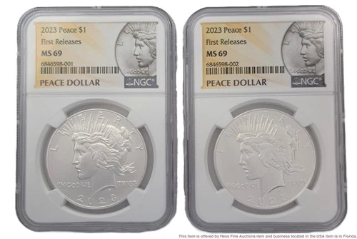 2023 $1 Peace Silver Dollar 2pc Set NGC MS69 First Releases Label