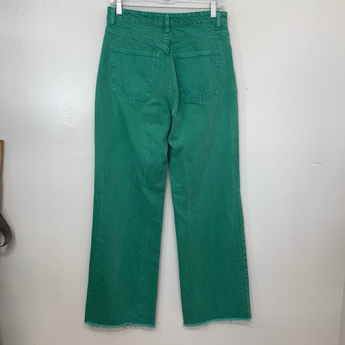 Zara High Rise Green Jeans Woman Sz 6 Fray Hem Wide Straight Leg Pockets Boho - Picture 4 of 11