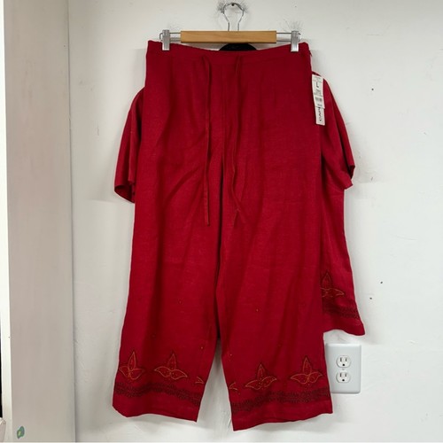 Vintage Red Linen Two Peice Set Wide Leg Pants Short Sleeve Button Down Shirt L