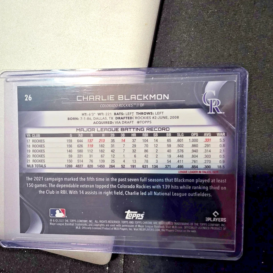 2022 TOPPS CHROME BLACK REFRACTOR #26 CHARLIE BLACKMON 193/199- COLORADO ROCKIES - Image 2 of 4