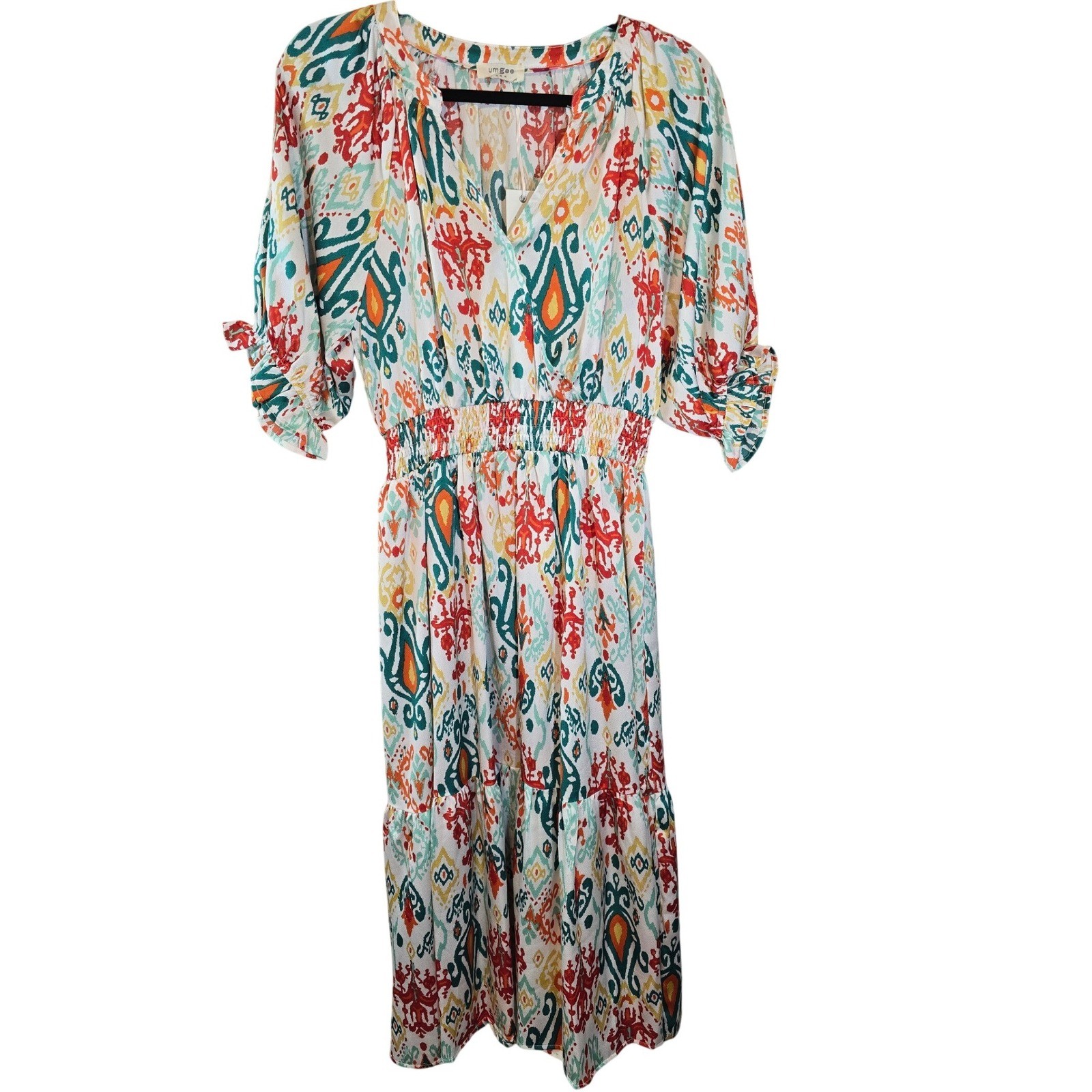 Umgee Womens Ikat Print Midi Dress Smocked Waist V-Neck Tiered Size Small NEW