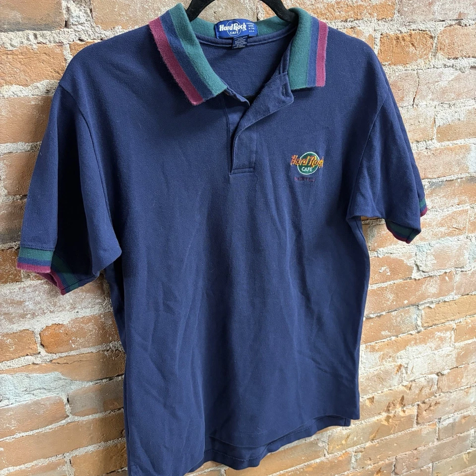 Polo vintage años 90 Hard Rock Café Nashville EE. UU. azul verde rojo 100 % algodón mediano Foto 3 de 4