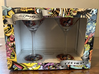 Ed Hardy Love Kills Slowly Designer Martini 6 oz.Cocktail Glasses Set of 2