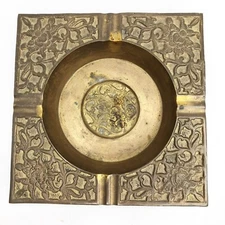 Vintage MCM Solid Brass Ashtray Heavy Square Mid Century Modern Floral Art Deco