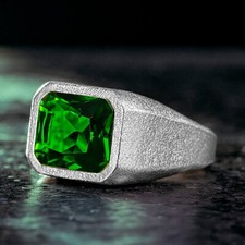 925 Sterling Silver Basic Handmade Rectangle Green Zircon Stone Men Ring