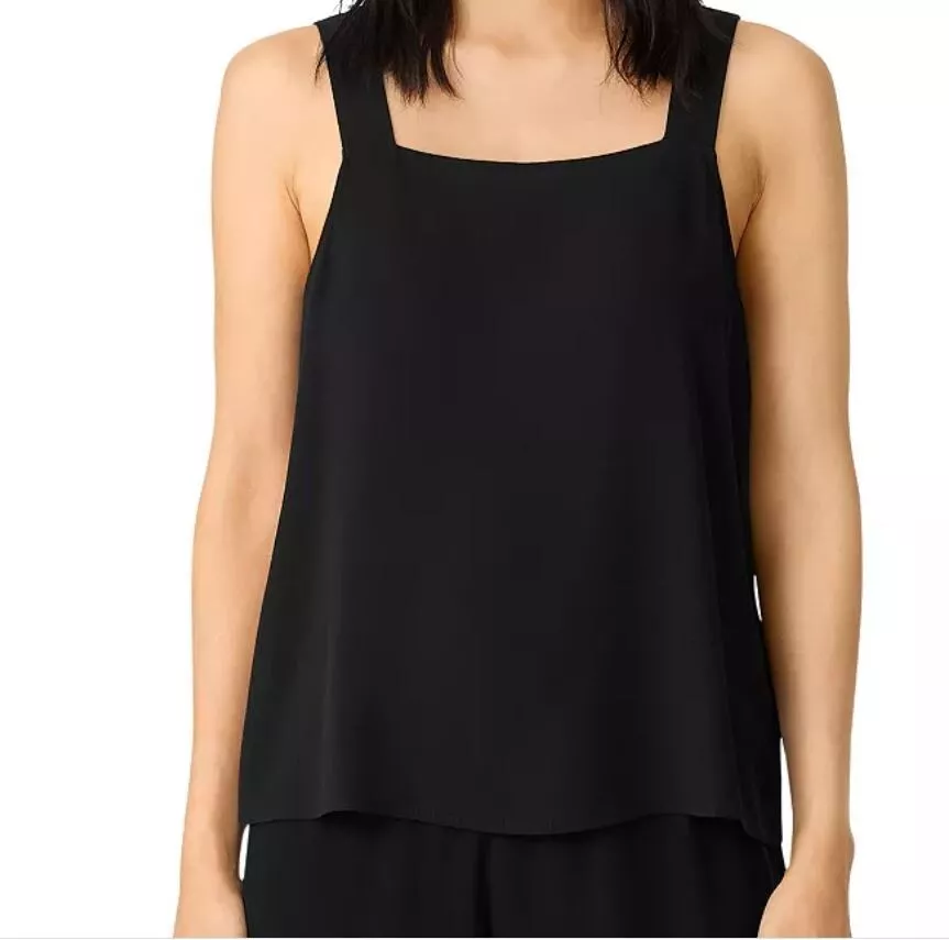 Eileen Fisher Women's Square Neck Cami Top BLACK 100% Silk Size XS