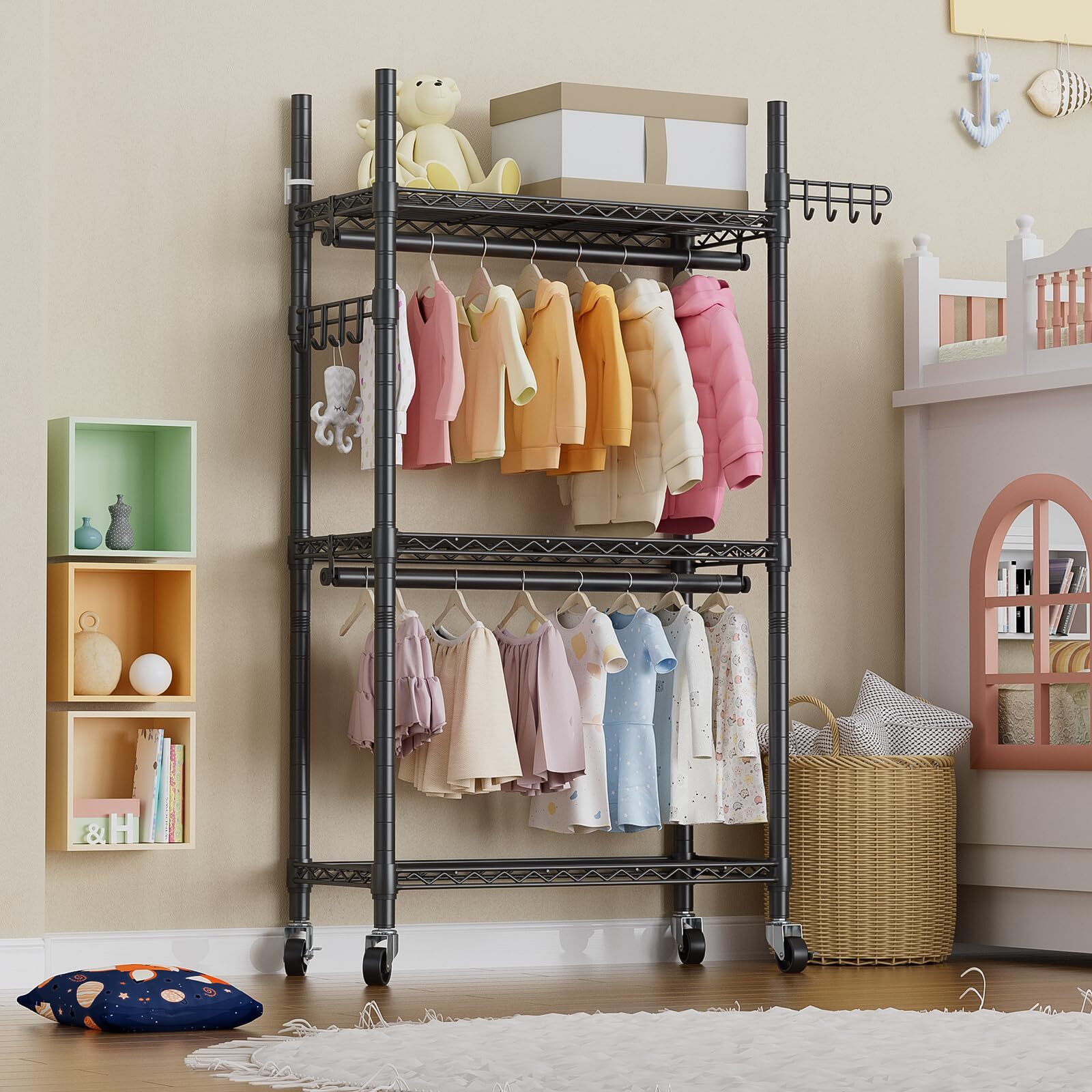 Heavy Duty Clothes Rack Rolling Garment Rack,3 Tier Adjustable Wire ...