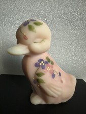 FENTON GLASS 2005 EASTER DUCK BURMESE HAND PAINTED FLORAL FIGURINE GLOWS SIGNED