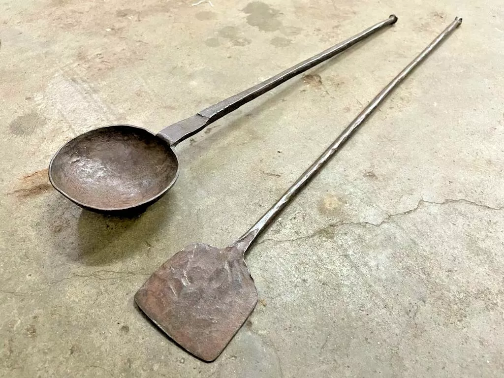 OLD VINTAGE RARE HANDMADE RUSTIC IRON 2 PC BIG SPOON & SPATULA, KITCHENWARE