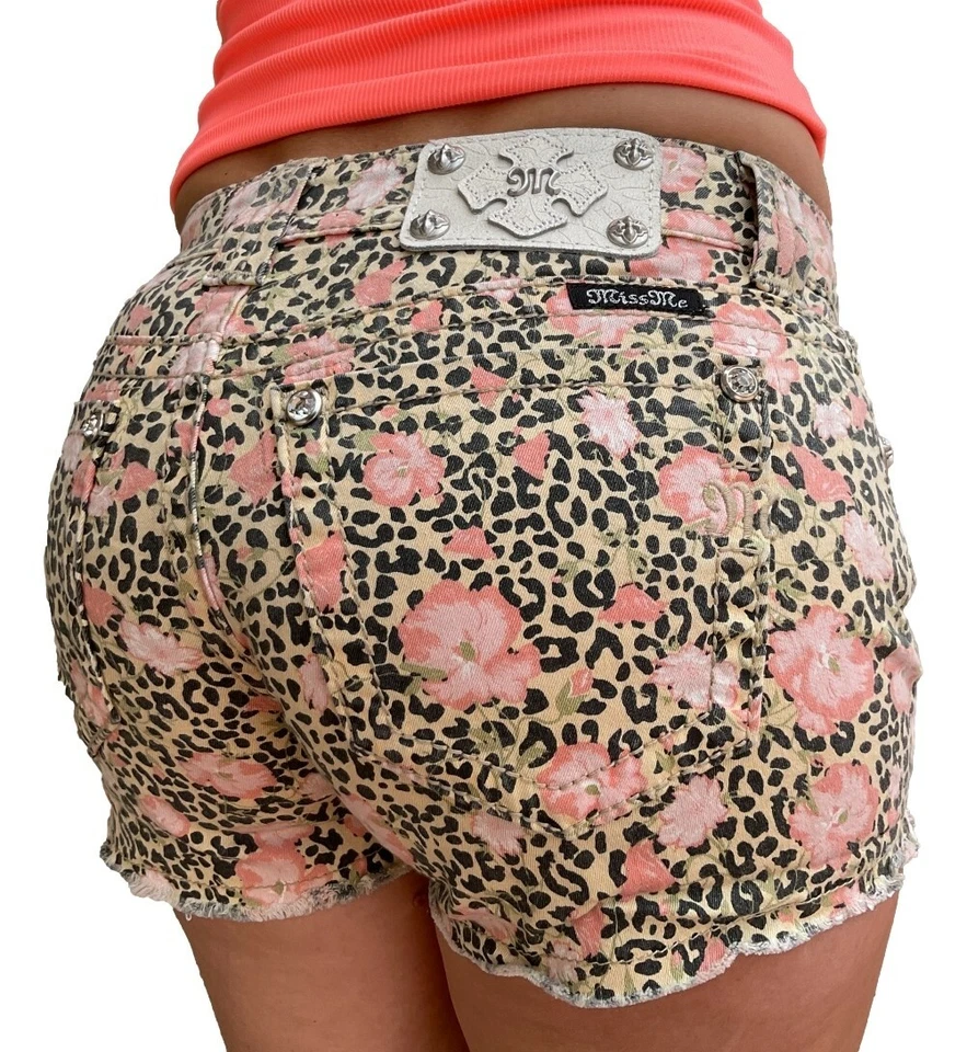 Miss Me джинсы шорты заниженной гибискус цветочный леопард печать вырез джинсовой ткани 26 - Изображение 2 из 4