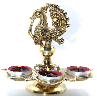 Brass Navratri Diya Hindu Temple Puja Deep Peacock Design Lamp Diwali Gift