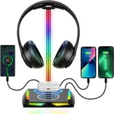 RGB Headphone Stand with 2 USB- 1 USB Charging Ports, Desk Gaming Headset Ho...