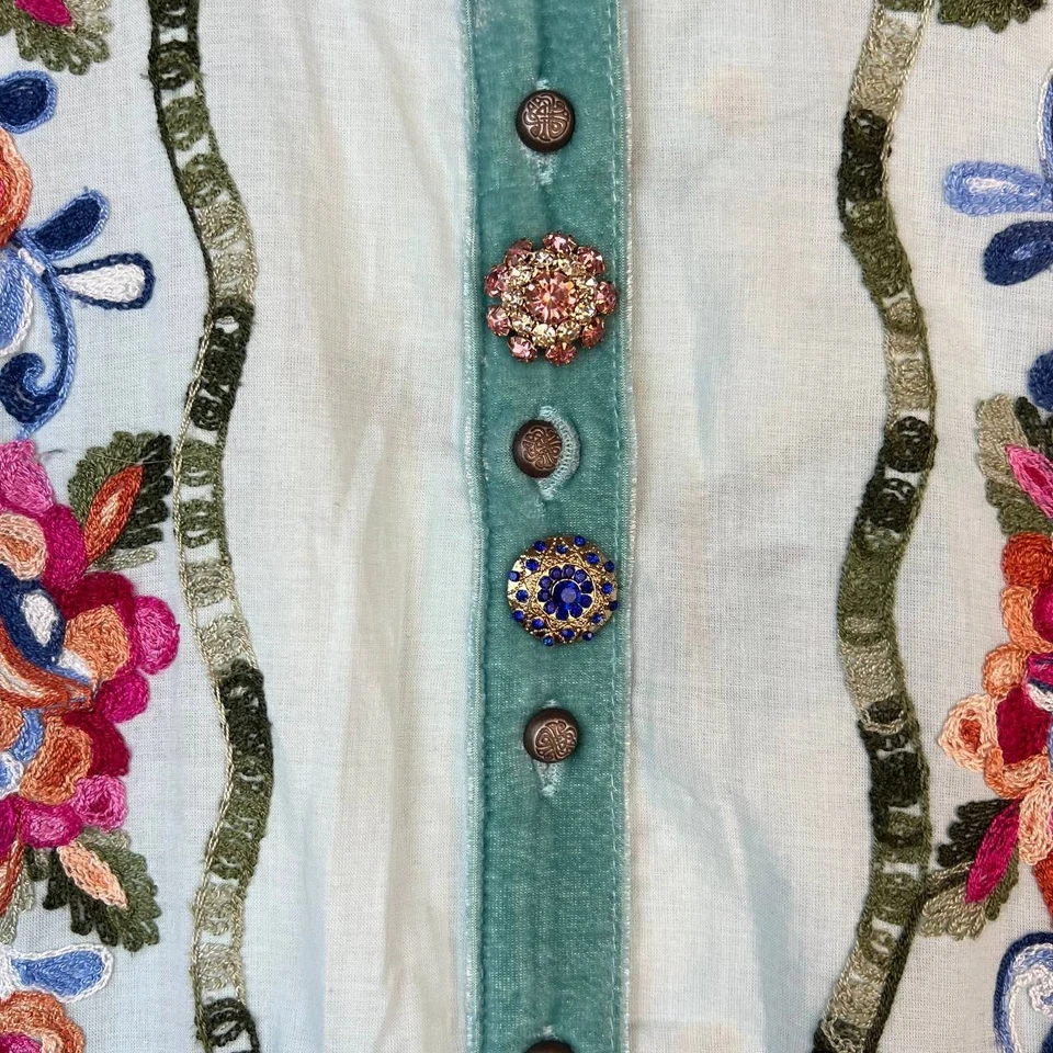 Johnny Was Embroidered Long Shirt Dress ED24B75 Floral Boho Velvet Trim M - Image 3 of 4