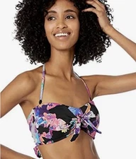 Bar III Tech Floral Bandeau Bikini Top NWT size XS Black Tie Back Swimsuit