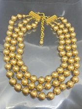 VTG Signed CAROLEE TRIPLE STRAND GoldTone Beaded Choker Collar Runway Necklace