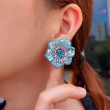 Women Silver Plated Big CZ Turquoise Flower Stud Earrings Zircon Wedding Jewelry