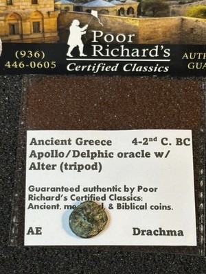 Ancient Greece 4-2nd C. BC Apollo/Delphic Oracle w/ Alter 15m 5g AE Drachma CG30