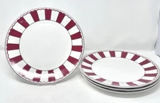 Grace Teaware Carousel  4 DINNER PLATES Red White, Stripes Dots, NEW