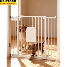 Adjustable Pet Gate W/ Built-In Cat Door Easy Installation Auto Close Design New