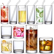 [ 12 Pack ] Glass Cups with Glass Straws, 12oz Highball & Rock Drinking Glass...