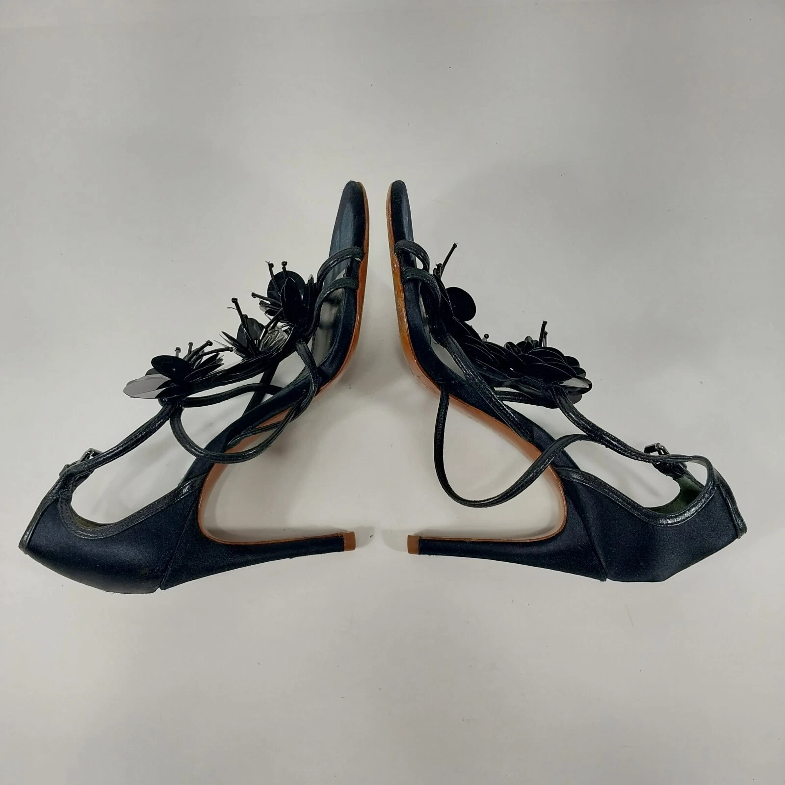 TORY BURCH Sandali 5 Emmanuelle neri tacco alto cinturino stiletto paillettes fiori