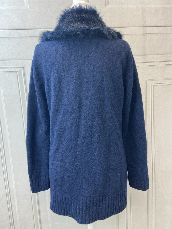 Abrigo Suéter Banana Republic Para Mujer XS Azul Marino Mezcla de Lana Imitación Piel Cuello Butt Foto 3 de 4