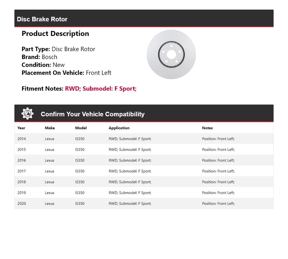 Rotor de freno de disco delantero izquierdo Bosch 2015 para Lexus IS350 F Sport 2014-2020 tracción trasera Foto 2 de 4